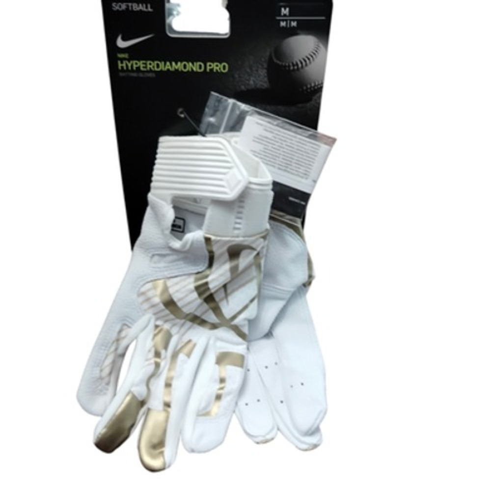 Nike Hyperdiamond Pro Batting Gloves Medium White Gold Unisex Softball Baseball
